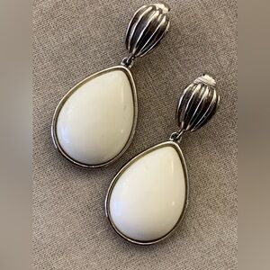 Vintage Givenchy White Cabochons Teardrop Clip On Earrings